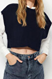 Kadın Moda Şık Bisiklet Yaka Standart Kol Crop Triko Süveter