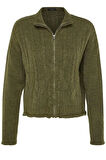 Kadın Moda Şık Crop Dik Yaka Regular Crop Yumuşak Dokulu Fermuarlı Saç Örgülü Triko Hırka
