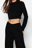 Kadın Moda Şık Boru Paça Crop Boy Uzun Kollu Crop Basic Triko Alt-Üst Takım