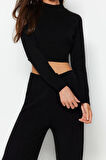Kadın Moda Şık Boru Paça Crop Boy Uzun Kollu Crop Basic Triko Alt-Üst Takım