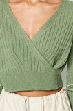 Kadın Moda Şık Crop Kruvaze Uzun Kol Düz Crop Yumuşak Dokulu Kruvaze Triko Kazak
