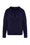 Kadın Moda Şık Polo Yaka Standart Kol Regular Yumuşak Dokulu Triko Kazak
