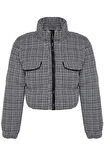 Kadın Moda Şık Regular Dik Yaka Crop Desenli Astarlı Regular Tüvit Crop Şişme Mont