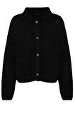 Kadın Moda Şık Regular Polo Yaka Oversize Süper Geniş Kalıp Polo Yaka Buklet Triko Hırka
