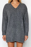 Yeni Oversize Casual Günlük Dolu İğne Triko V Yaka Uzun Kol Kazak Elbise Mini Boy Elbise