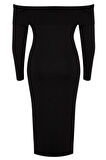 Yeni Fit Gündüz Gece Tek Plaka Triko Carmen Yaka Uzun Kol Bodycone Midi Boy Büyük Beden Elbise