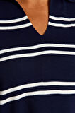 Kadın Büyük Beden Moda Şık Regular Polo Yaka Uzun Kol Çizgili Triko Kazak