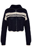 Kadın Moda Şık Regular Dik Yaka Uzun Kol Renk Bloklu Crop Dik Yaka Triko Hırka