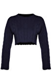 Kadın Moda Şık Crop Bisiklet Yaka Uzun Kol Saç Örgü Süper Crop Triko Kazak