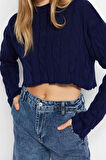 Kadın Moda Şık Crop Bisiklet Yaka Uzun Kol Saç Örgü Süper Crop Triko Kazak