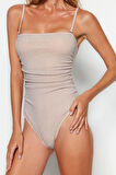 Kadın Destekli Kolsuz Slip Yaka Pembe Straplez Drapeli Simli High Leg Regular Mayo
