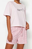 Kadın Pamuklu Bisiklet Yaka Kısa Kol Çizgili Slogan Baskılı Pamuklu T-shirt-Şort Örme Pijama Takımı