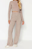 Kadın Moda Şık Geniş Paça Uzun Boy Dik Yaka Yumoş Crop ve Geniş Paça Örme Alt-Üst Takım