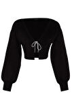 Kadın Moda Şık Crop V Yaka Uzun Kol Düz Süper Crop Basic Fiyonklu Triko Hırka