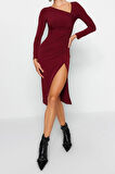 Yeni Slim Gündüz Gece Sandy Örme Kayık Yaka Uzun Kol Bodycone Midi Boy Elbise