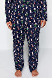 Büyük Beden Kadın Pamuk Polyester Gömlek Yaka Uzun Kol Gömlek Yaka Yılbaşı Temalı Örme Pijama Takımı