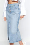 Kadın Moda Stil Midi Astarsız Denim Önden Düğmeli Yırtmaçlı Midi Denim Etek