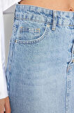 Kadın Moda Stil Midi Astarsız Denim Önden Düğmeli Yırtmaçlı Midi Denim Etek