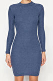 Kadın Moda Şık Mini Boy Dik Yaka Slim Vücuda Oturan Yarım Balıkçı Yaka Fitilli Esnek Örme Elbise
