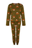 Kadın Moda Şık Bisiklet Yaka Boru Paça Uzun Kol %100 Pamuklu Ayıcık Desenli Örme Pijama Takımı