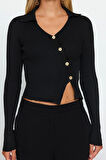 Kadın Moda Şık Polo Yaka Standart Kol Crop Triko Kazak