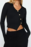 Kadın Moda Şık Polo Yaka Standart Kol Crop Triko Kazak