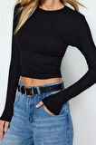 Kadın Moda Şık Üst Giyim Crop Bisiklet Yaka Slim Kalıp Örme Viskon Esnek Bluz