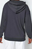 Kadın Moda Şık Oversize Kapüşonlu Standart Kol Regular Slogan Baskılı Kalın Örme Sweatshirt