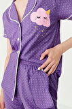 Kadın Pamuk Polyester Gömlek Yaka Kısa Kol Baskılı Gömlek-Pantolon Örme Pijama Takımı