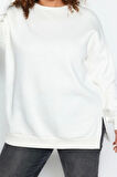 Kadın Büyük Beden Oversize Bisiklet Yaka Standart Kol Kalın İçi Polarlı Yırtmaçlı Örme Sweatshirt