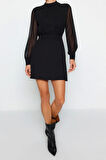 Yeni Fit Gündüz Gece Finike Dokuma Dik Yaka Uzun Kol Bodycone Mini Boy Elbise