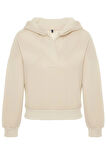Kadın Moda Şık Crop Polo Yaka Standart Kol Crop Kalın İçi Polarlı Rahat Kesim Crop Örme Sweatshirt