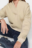 Kadın Moda Şık Crop Polo Yaka Standart Kol Crop Kalın İçi Polarlı Rahat Kesim Crop Örme Sweatshirt