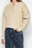 Kadın Moda Şık Crop Polo Yaka Standart Kol Crop Kalın İçi Polarlı Rahat Kesim Crop Örme Sweatshirt