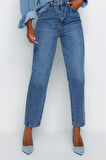 Kadın Moda Şık Kot Pantolon Dar Paça Regular Boy Denim Beyaz Yüksek Bel Mom Jeans