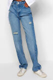 Kadın Moda Şık Kot Pantolon Geniş Paça Uzun Boy Denim Antrasit Yırtıklı Yüksek Bel Uzun Jeans