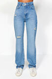 Kadın Moda Şık Kot Pantolon Geniş Paça Uzun Boy Denim Antrasit Yırtıklı Yüksek Bel Uzun Jeans