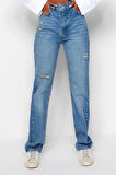 Kadın Moda Şık Kot Pantolon Geniş Paça Uzun Boy Denim Antrasit Yırtıklı Yüksek Bel Uzun Jeans