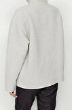 Kadın Moda Şık Oversize Dik Yaka Standart Kol Uzun Kalın Polar Fermuarlı Cepli Örme Sweatshirt