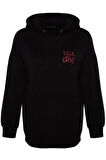 Kadın Oversize Kapüşonlu Düşük Kol Uzun Sırt Baskı Geniş Kalıp Kalın İçi Polarlı Örme Sweatshirt