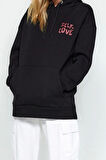 Kadın Oversize Kapüşonlu Düşük Kol Uzun Sırt Baskı Geniş Kalıp Kalın İçi Polarlı Örme Sweatshirt