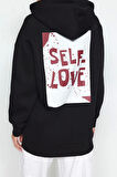 Kadın Oversize Kapüşonlu Düşük Kol Uzun Sırt Baskı Geniş Kalıp Kalın İçi Polarlı Örme Sweatshirt
