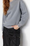 Kadın Regular Bisiklet Yaka Düşük Kol Regular Kalın İçi Polarlı Normal Kalıp Basic Örme Sweatshirt