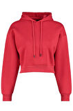 Kadın Moda Relaxed Kapüşonlu Düşük Kol Crop Kalın İçi Polarlı Rahat Kesim Crop Basic Örme Sweatshirt