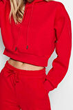 Kadın Moda Relaxed Kapüşonlu Düşük Kol Crop Kalın İçi Polarlı Rahat Kesim Crop Basic Örme Sweatshirt