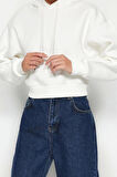 Kadın Moda Relaxed Kapüşonlu Düşük Kol Crop Kalın İçi Polarlı Rahat Kesim Crop Basic Örme Sweatshirt