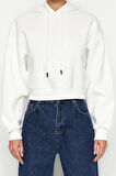 Kadın Moda Relaxed Kapüşonlu Düşük Kol Crop Kalın İçi Polarlı Rahat Kesim Crop Basic Örme Sweatshirt