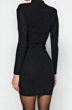 Kadın Moda Şık Mini Boy Dik Yaka Fitted Vücuda Oturan Parıltılı Simli Örme Kısa Şık Abiye Elbise