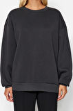 Kadın Moda Oversize Bisiklet Yaka Düşük Kol Uzun Rahat Kesim Basic Kalın İçi polarlı Örme Sweatshirt