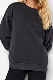 Kadın Moda Oversize Bisiklet Yaka Düşük Kol Uzun Rahat Kesim Basic Kalın İçi polarlı Örme Sweatshirt